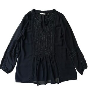 Soft Surroundings Blouse Tunic Medium Chiffon Lace Beads Black Long Sleeve Boho